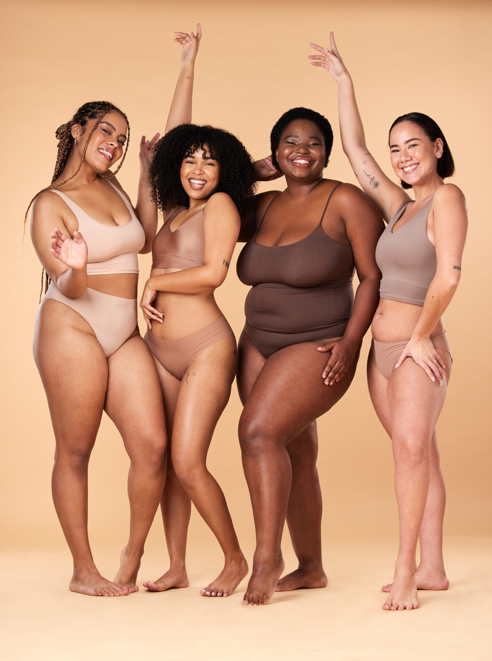 diversity-women-celebration-body-portrait-friends-group-together-inclusion-beauty-power-underwear-model-people-beige-background-with-cellulite-pride-motivation-self-love