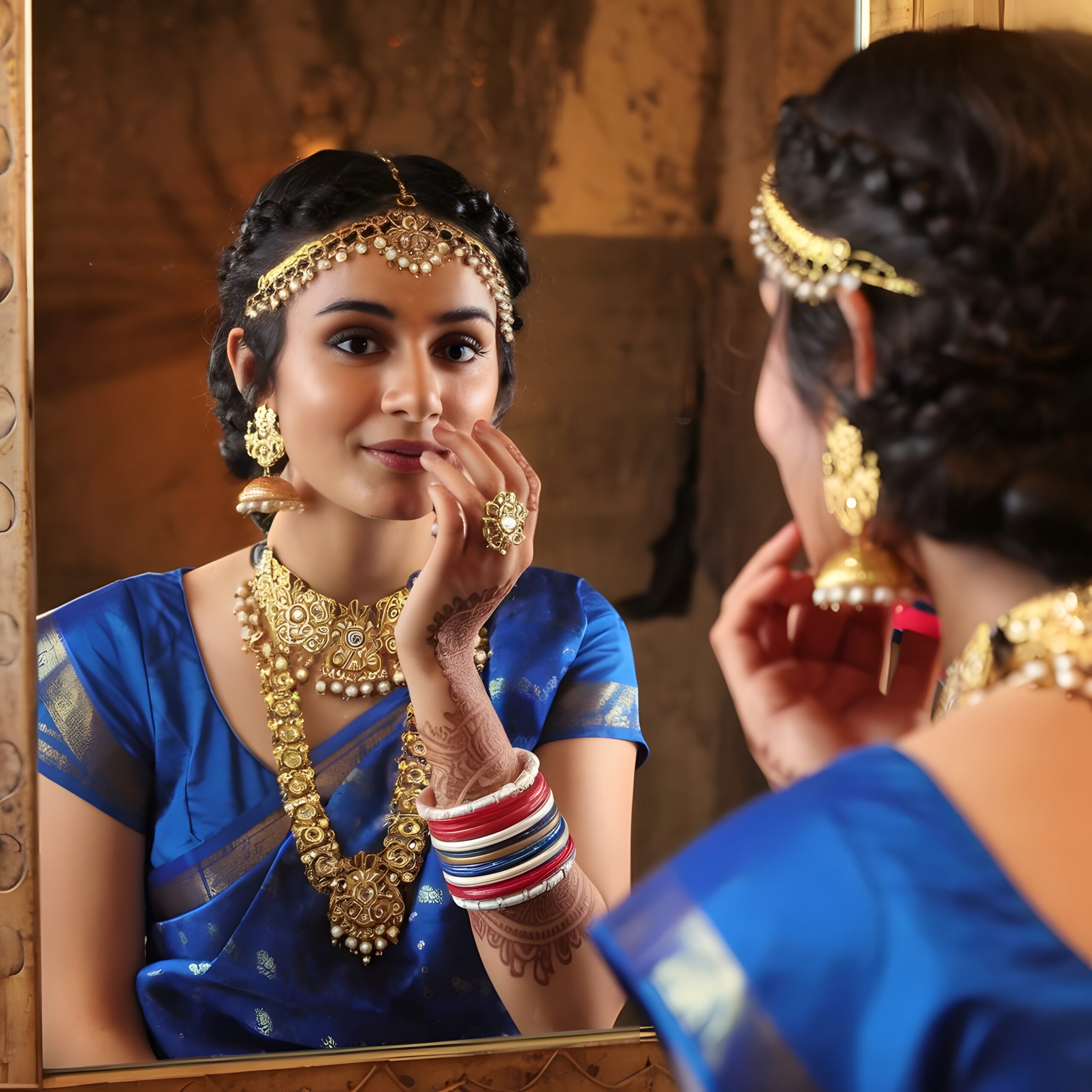 indian-woman-traditional-attire-looking-mirror-with-gold-jewelry-mehndi